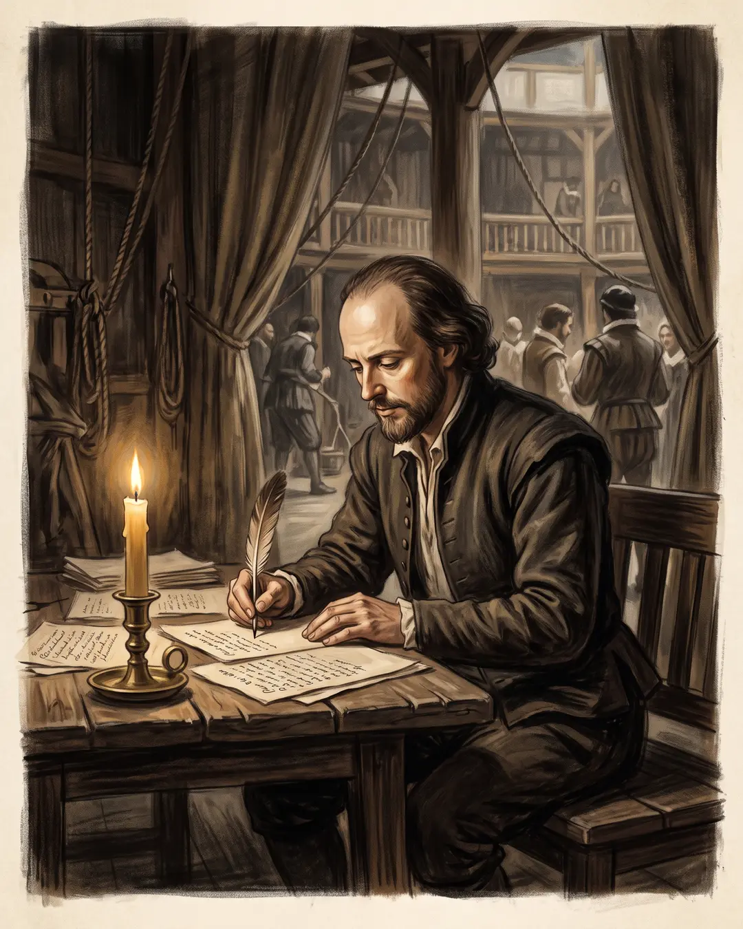 Illustrated portrait of William Shakespeare writing by candlelight in a timbered room above a busy Elizabethan street.