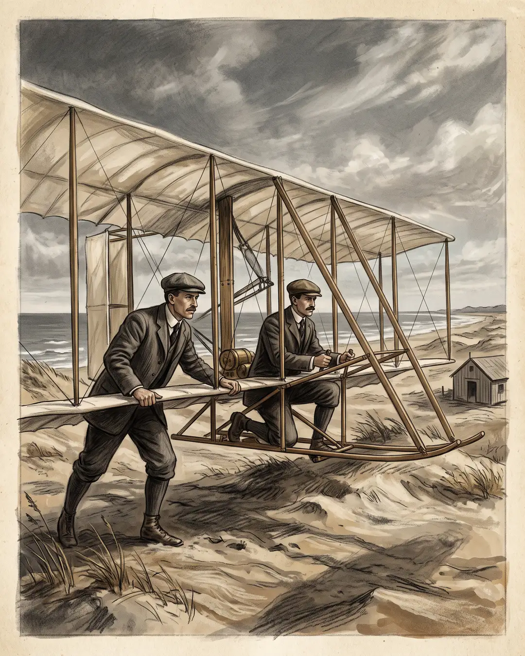 Illustrated portrait of Wilbur and Orville Wright on the dunes at Kitty Hawk, one prone at the Flyer's controls, the other running at the wingtip.