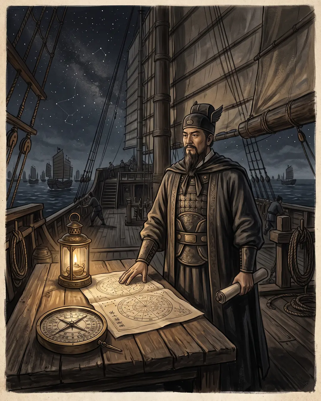 Illustrated portrait of Zheng He in Ming court robes on a treasure ship deck, charts under one hand and a harbor of masts behind him.